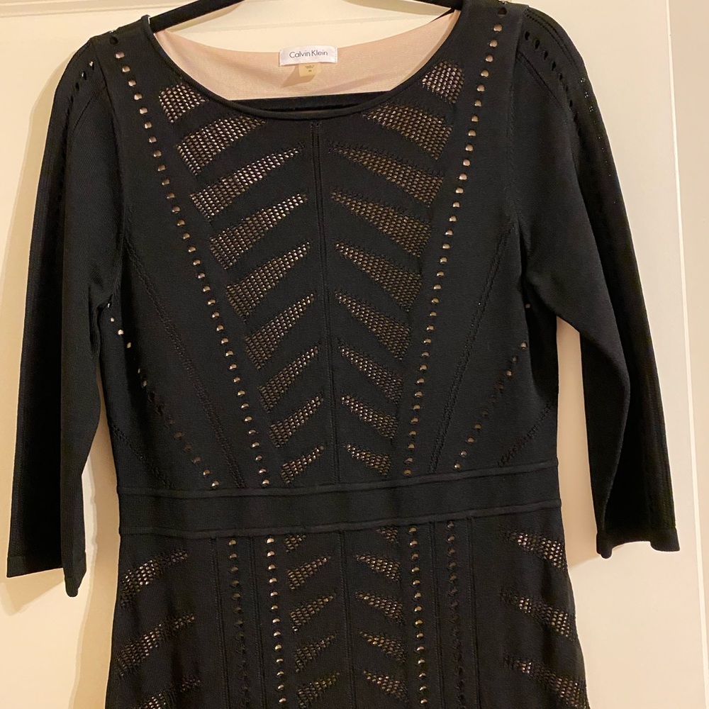 Calvin Klein dress fitted black overlay with nude lining in medium, like new